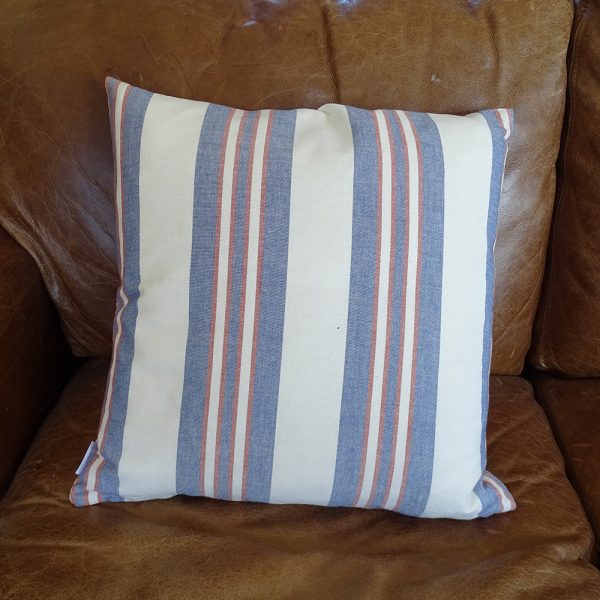 Lavender House blue white narrow red striped cushion