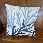Lavender House Linen Cushion with Blue Embroidered Coral Pattern