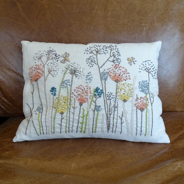 Lavender House Linen Cushion with Embroidered Wild Flower Pattern